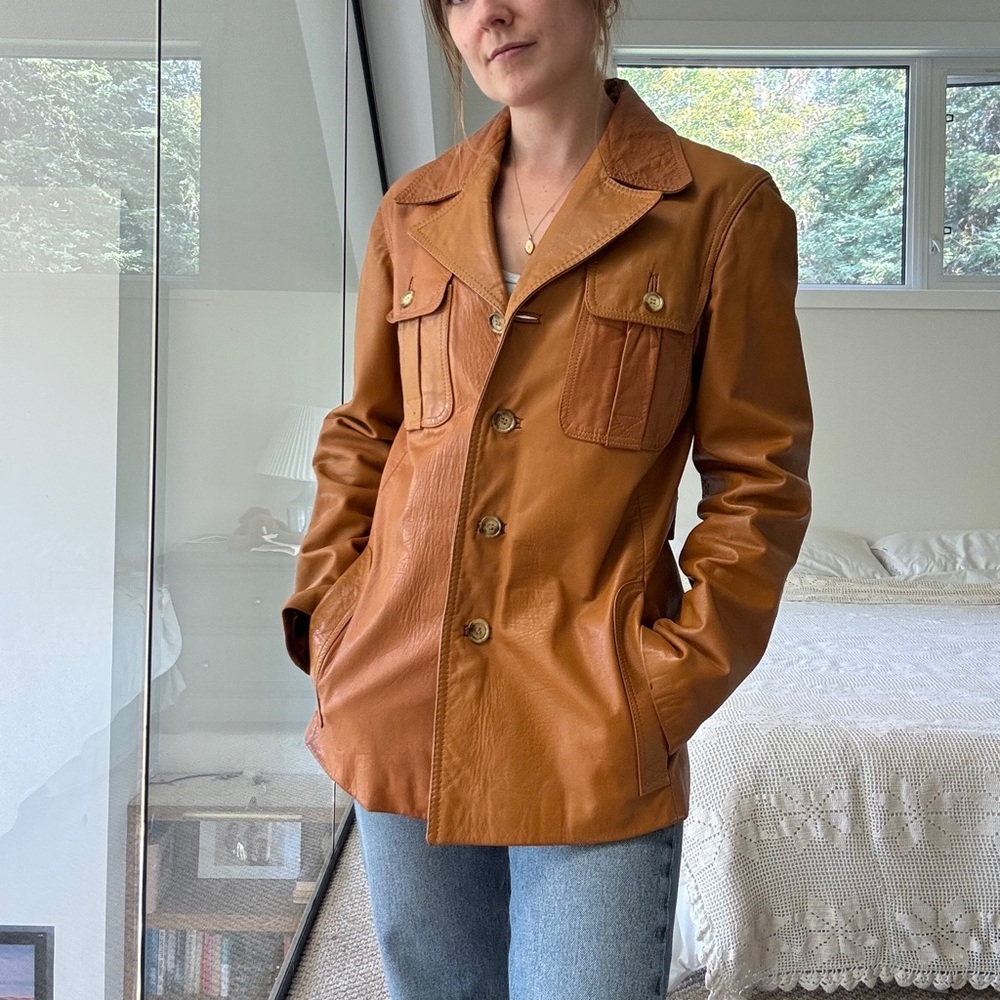 Vintage 100% leather cognac tan long line jacket small to medium euro 38 - Picture 4 of 17